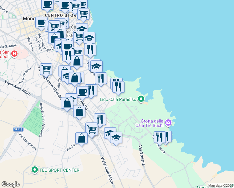 map of restaurants, bars, coffee shops, grocery stores, and more near 191 Via Procaccia in Monopoli