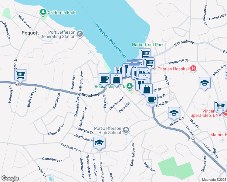 map of restaurants, bars, coffee shops, grocery stores, and more near 115 Brook Road in Port Jefferson