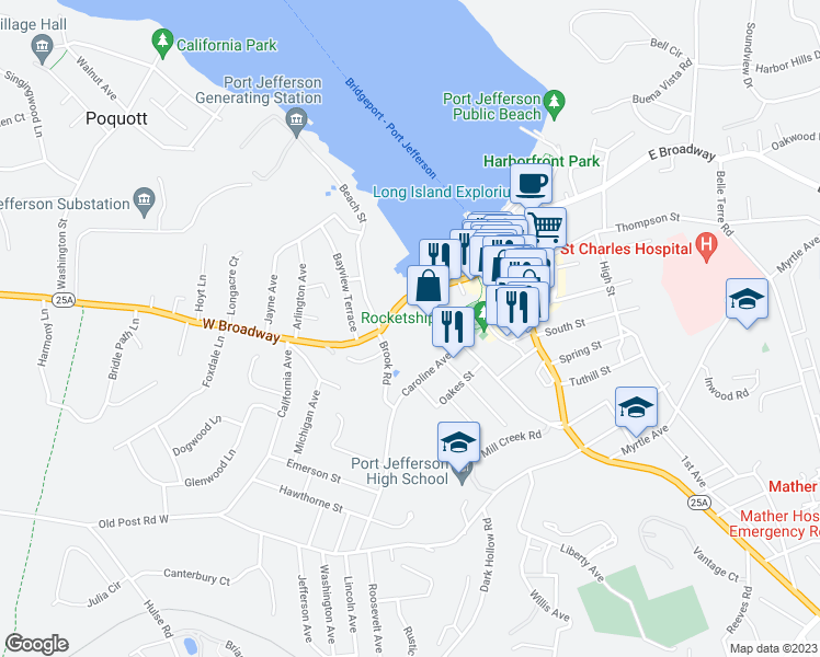 map of restaurants, bars, coffee shops, grocery stores, and more near 115 Brook Road in Port Jefferson