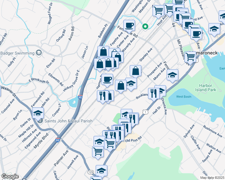 map of restaurants, bars, coffee shops, grocery stores, and more near 845 Palmer Avenue in Mamaroneck