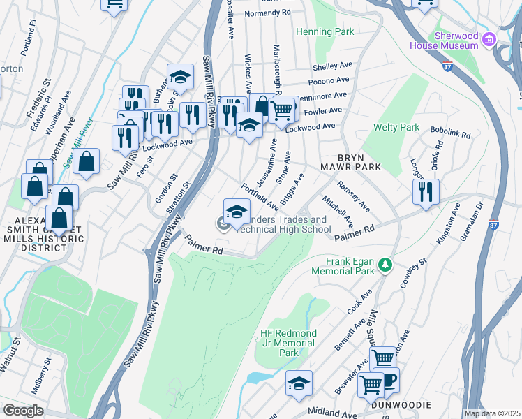 map of restaurants, bars, coffee shops, grocery stores, and more near 44 Briggs Avenue in Yonkers