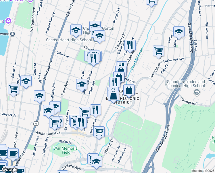 map of restaurants, bars, coffee shops, grocery stores, and more near 70 Moquette Row South in Yonkers