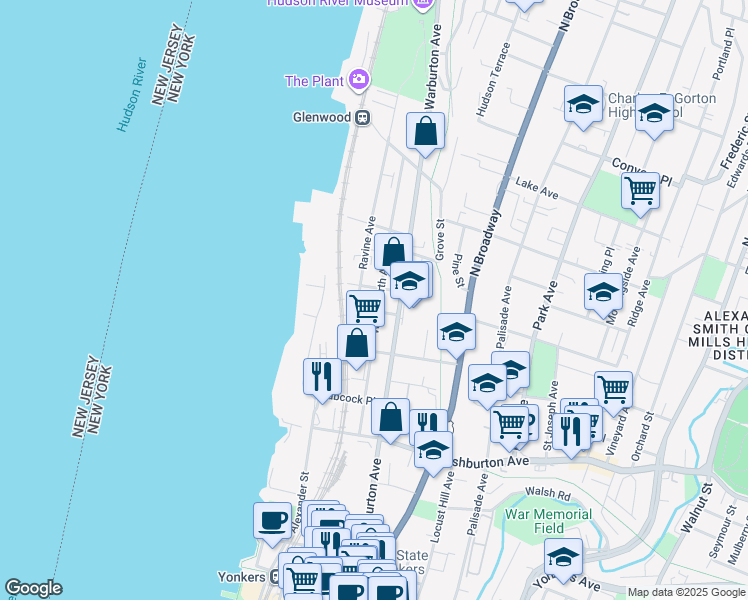 map of restaurants, bars, coffee shops, grocery stores, and more near 24 Ravine Avenue in Yonkers