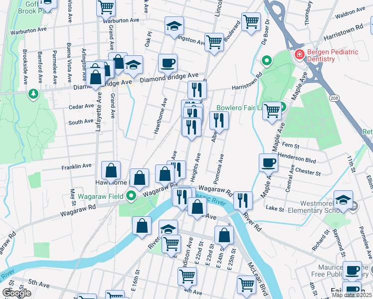 map of restaurants, bars, coffee shops, grocery stores, and more near 58 Lincoln Avenue in Hawthorne