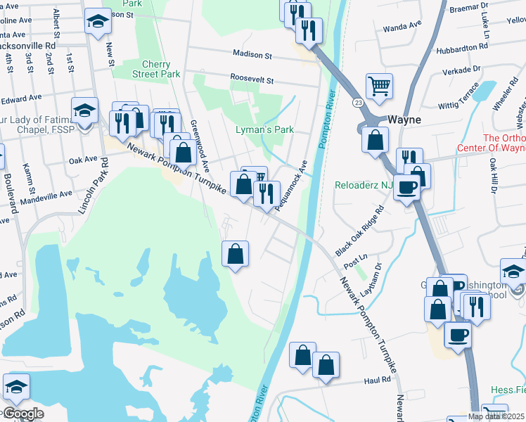 map of restaurants, bars, coffee shops, grocery stores, and more near 19 Newark Pompton Turnpike in Pequannock Township