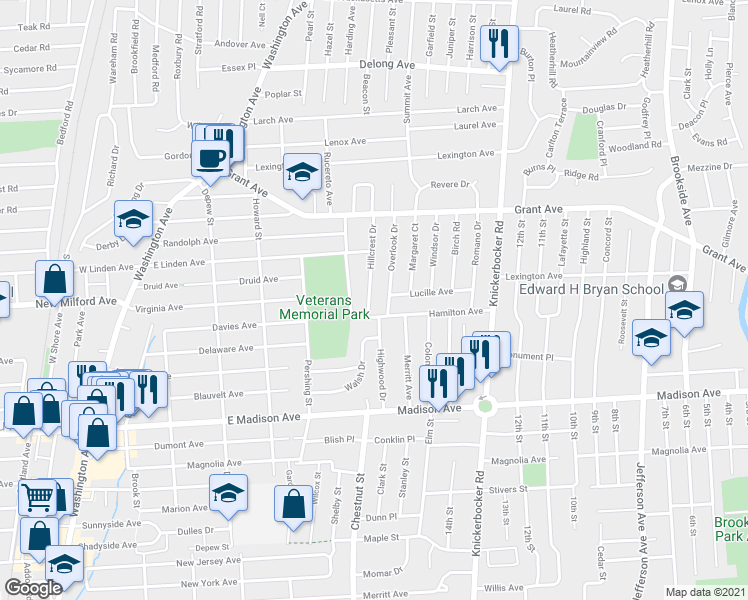 map of restaurants, bars, coffee shops, grocery stores, and more near 19 Hillcrest Drive in Dumont