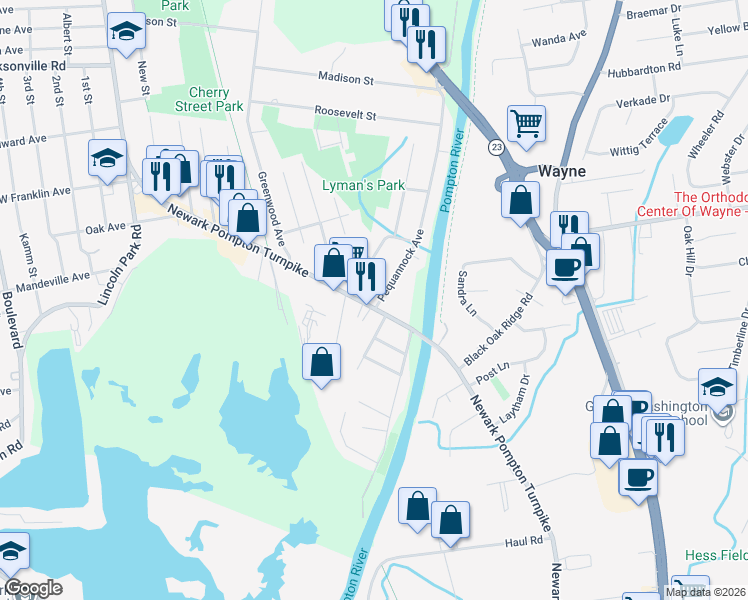map of restaurants, bars, coffee shops, grocery stores, and more near 28 Newark Pompton Turnpike in Pequannock Township