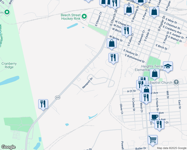 map of restaurants, bars, coffee shops, grocery stores, and more near 46 Newport Drive in Hazleton