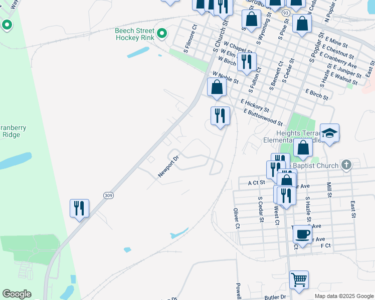 map of restaurants, bars, coffee shops, grocery stores, and more near 53 Newport Drive in Hazleton