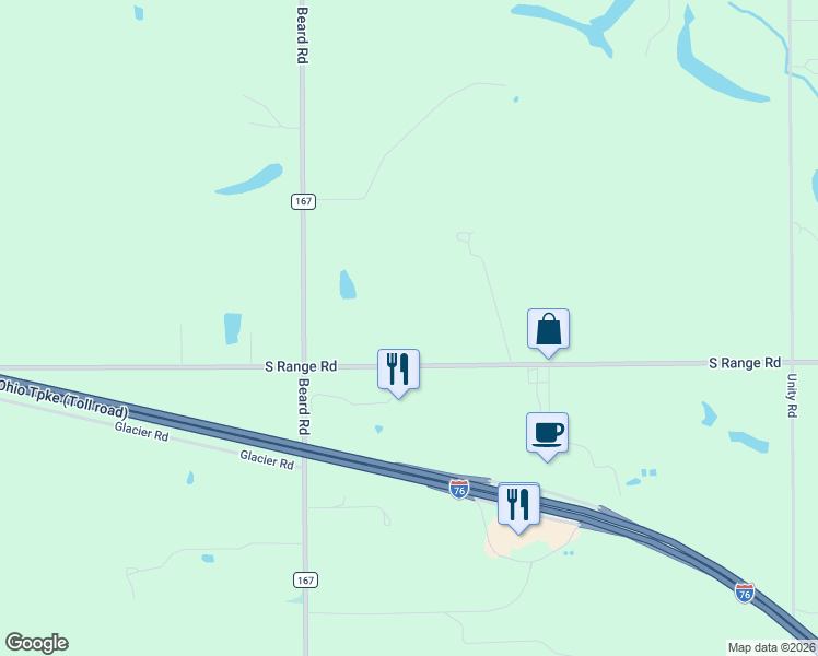 map of restaurants, bars, coffee shops, grocery stores, and more near 3216 East South Range Road in New Springfield