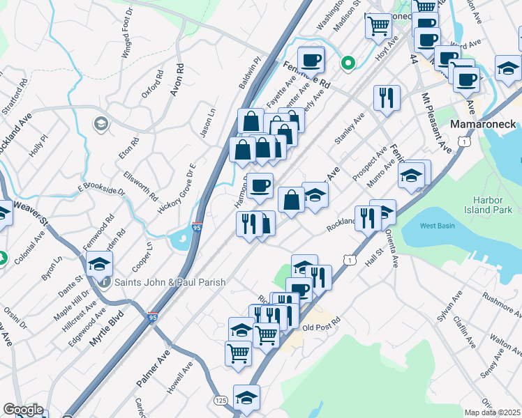 map of restaurants, bars, coffee shops, grocery stores, and more near 845 Palmer Avenue in Mamaroneck