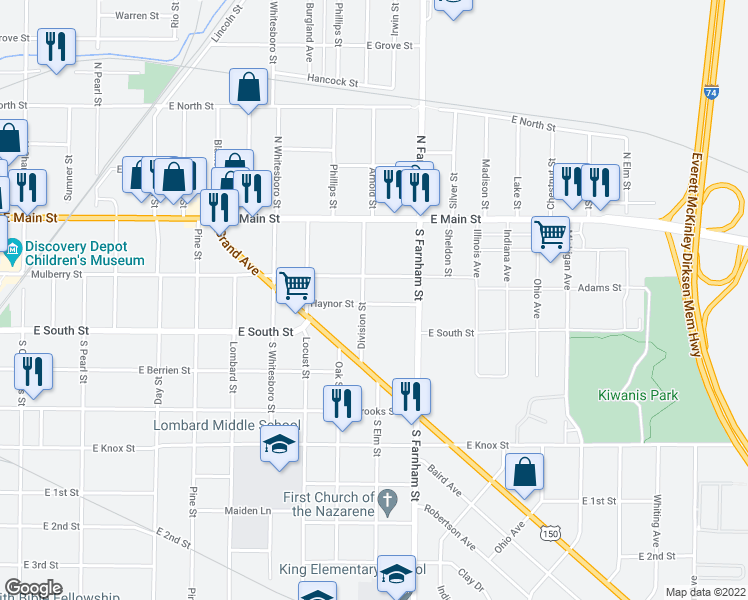 map of restaurants, bars, coffee shops, grocery stores, and more near 1491 Haynor Street in Galesburg