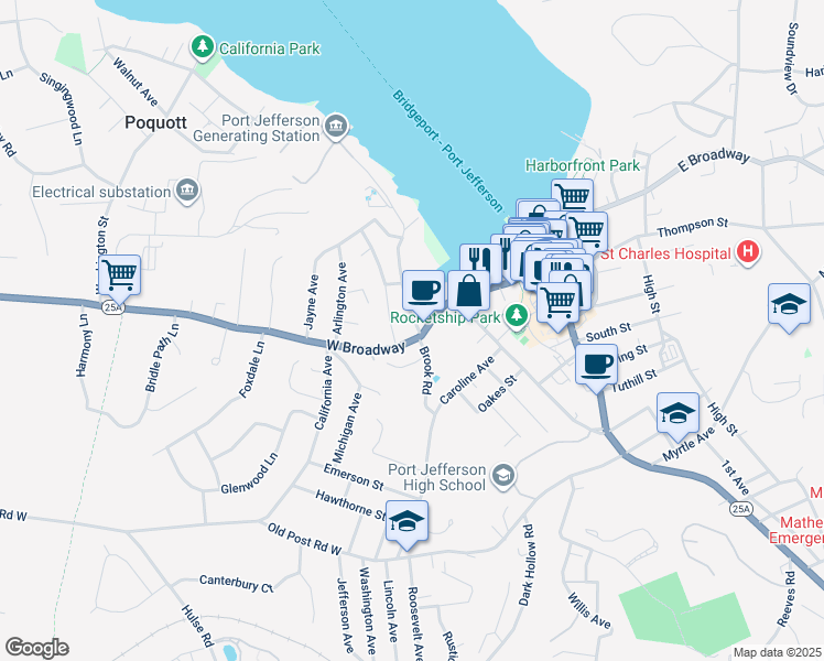 map of restaurants, bars, coffee shops, grocery stores, and more near 111 Beach Street in Port Jefferson