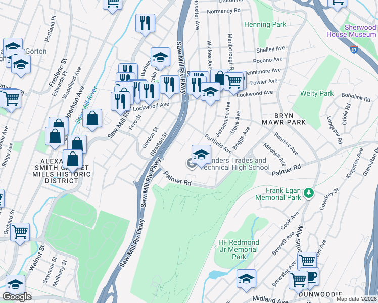 map of restaurants, bars, coffee shops, grocery stores, and more near 67 Farquhar Avenue in Yonkers