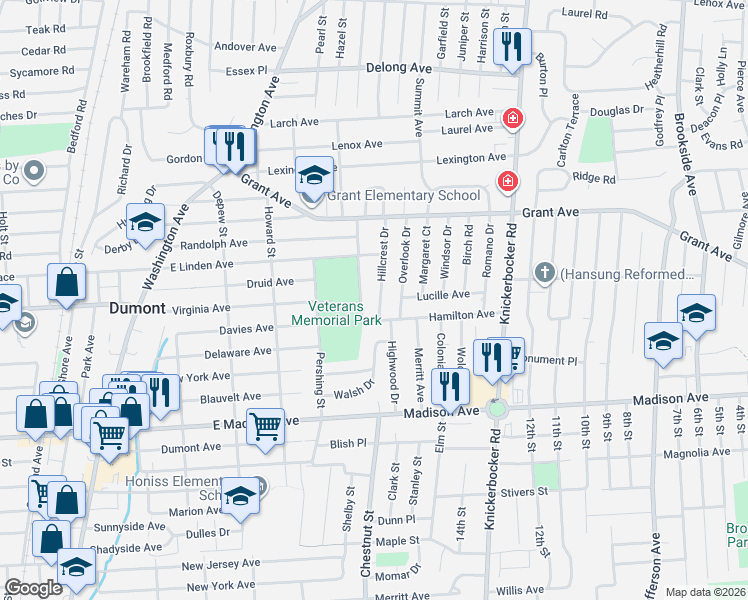 map of restaurants, bars, coffee shops, grocery stores, and more near 45 Hillcrest Drive in Dumont