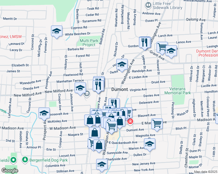 map of restaurants, bars, coffee shops, grocery stores, and more near 45 West Linden Avenue in Dumont