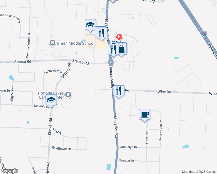 map of restaurants, bars, coffee shops, grocery stores, and more near 4261 Massillon Road in North Canton