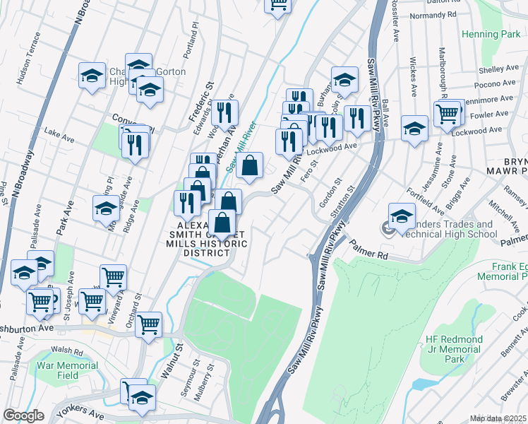 map of restaurants, bars, coffee shops, grocery stores, and more near 201 New York 9A in Yonkers