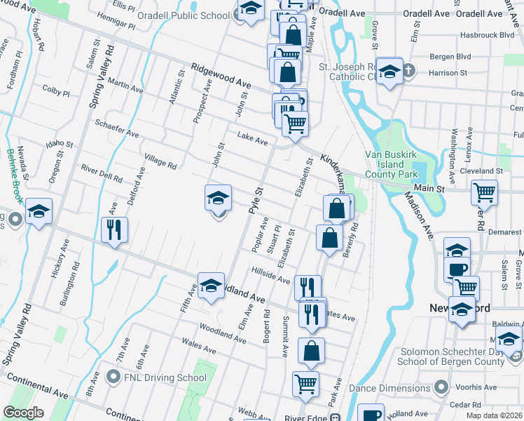 map of restaurants, bars, coffee shops, grocery stores, and more near 88 Pyle Street in Oradell
