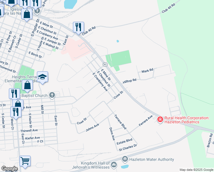 map of restaurants, bars, coffee shops, grocery stores, and more near 1226 East Chestnut Street in Hazleton
