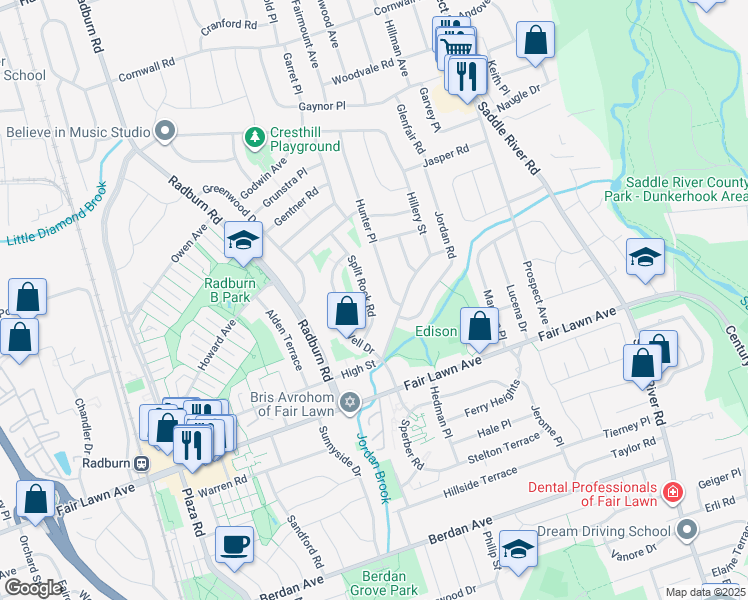 map of restaurants, bars, coffee shops, grocery stores, and more near 17-05 Split Rock Road in Fair Lawn