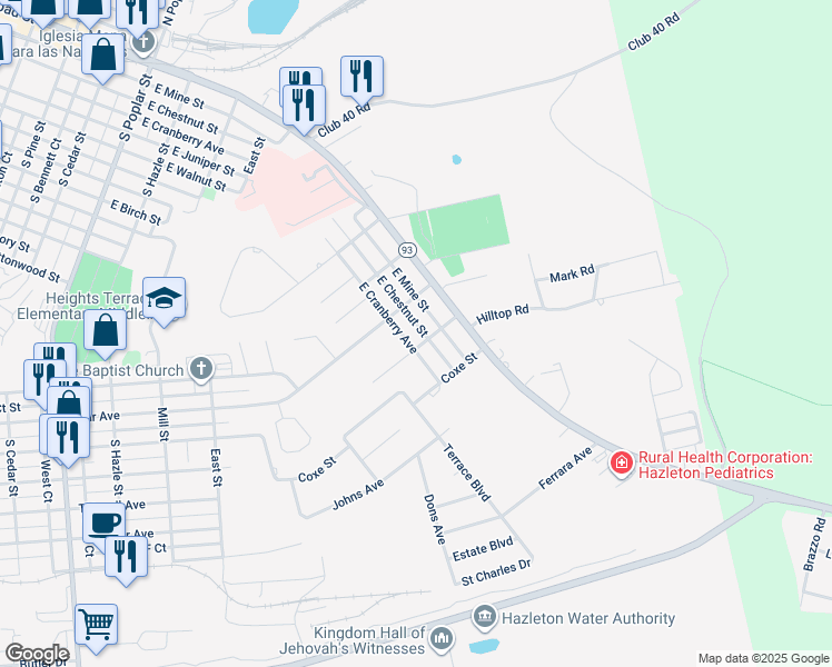 map of restaurants, bars, coffee shops, grocery stores, and more near 1226 East Chestnut Street in Hazleton
