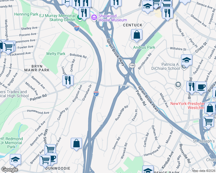 map of restaurants, bars, coffee shops, grocery stores, and more near 609 Palmer Road in Yonkers