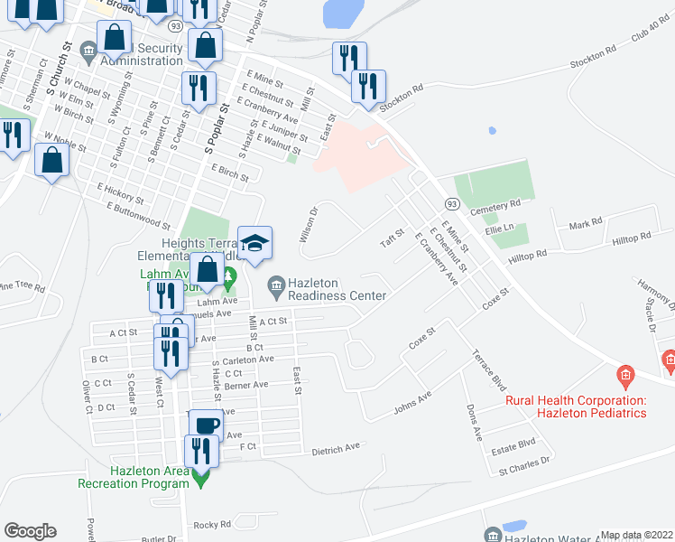 map of restaurants, bars, coffee shops, grocery stores, and more near 342 Candlewood Circle in Hazleton