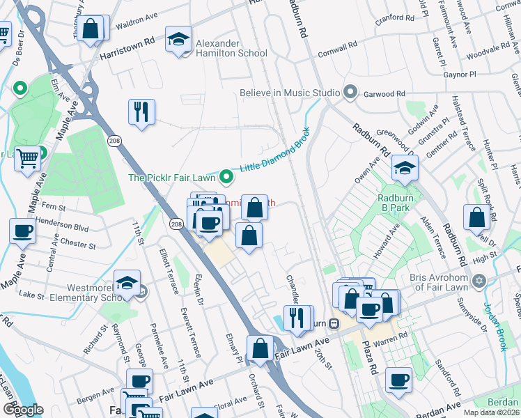 map of restaurants, bars, coffee shops, grocery stores, and more near 16 Pollitt Drive in Fair Lawn