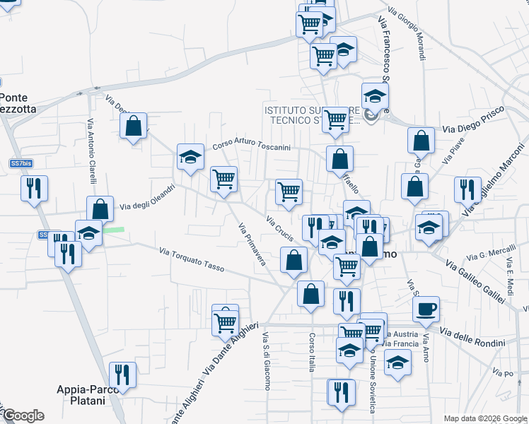 map of restaurants, bars, coffee shops, grocery stores, and more near 18 Via Giacomo Puccini in Sant'Antimo
