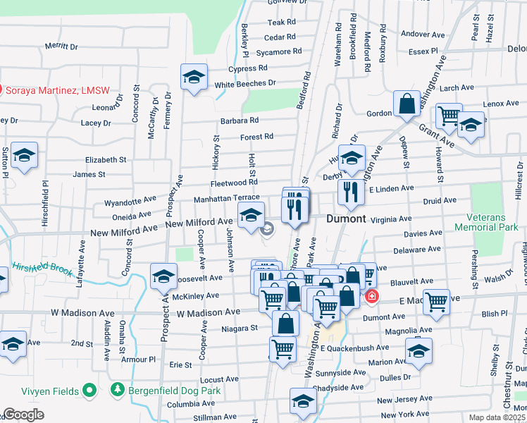 map of restaurants, bars, coffee shops, grocery stores, and more near 139 Manhattan Terrace in Dumont