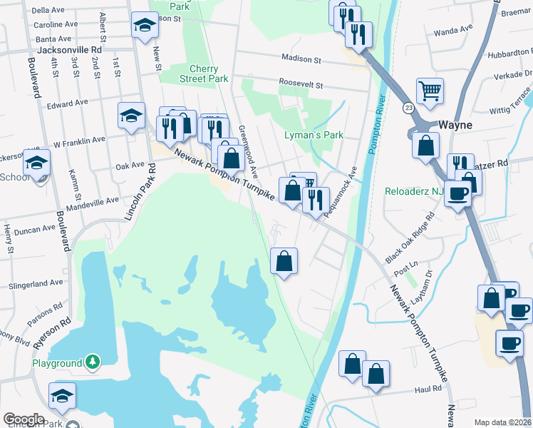 map of restaurants, bars, coffee shops, grocery stores, and more near 8 Newark Pompton Turnpike in Pequannock Township