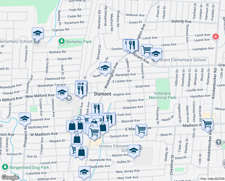 map of restaurants, bars, coffee shops, grocery stores, and more near 40 Druid Avenue in Dumont