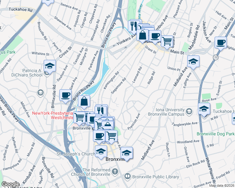 map of restaurants, bars, coffee shops, grocery stores, and more near 64 Sagamore Road in Bronxville