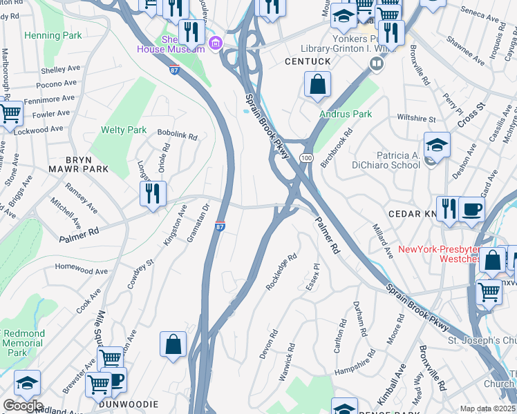 map of restaurants, bars, coffee shops, grocery stores, and more near 609 Palmer Road in Yonkers