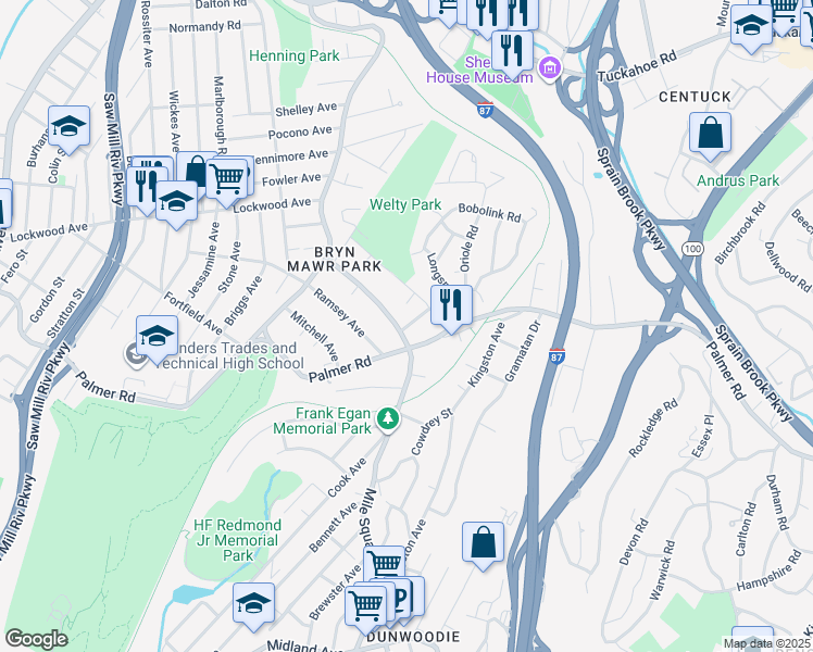 map of restaurants, bars, coffee shops, grocery stores, and more near 25 Bryn Mawr Terrace in Yonkers