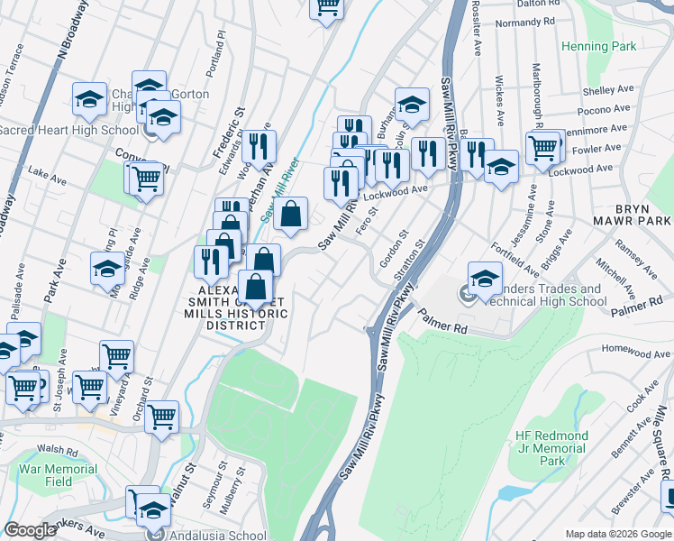 map of restaurants, bars, coffee shops, grocery stores, and more near 99 Harty Street in Yonkers