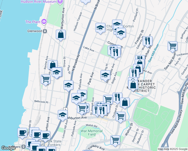 map of restaurants, bars, coffee shops, grocery stores, and more near 156 Park Avenue in Yonkers