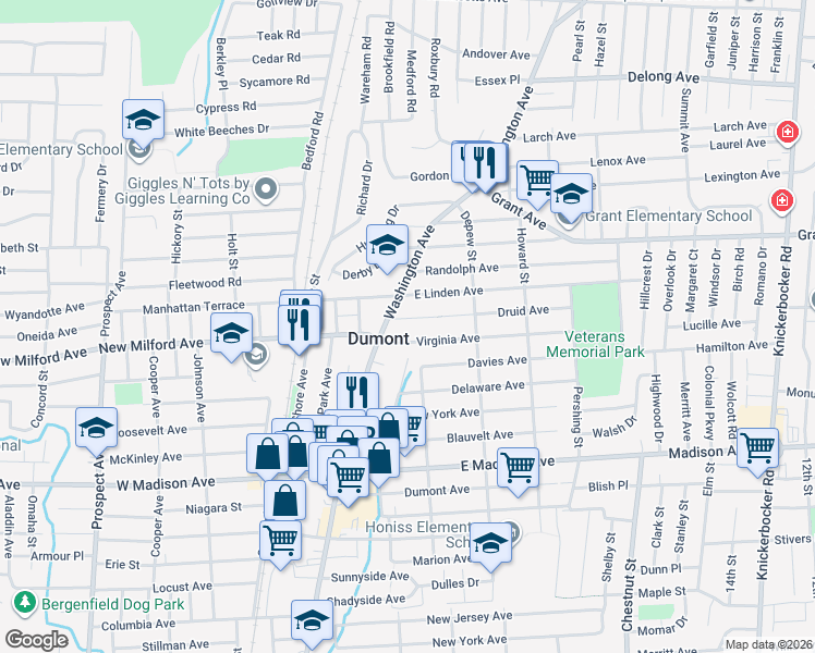 map of restaurants, bars, coffee shops, grocery stores, and more near 40 Druid Avenue in Dumont