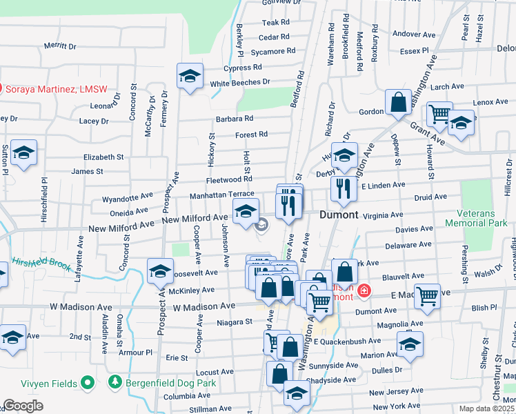 map of restaurants, bars, coffee shops, grocery stores, and more near 139 Manhattan Terrace in Dumont