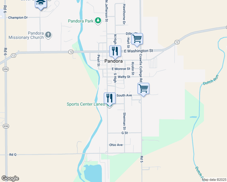 map of restaurants, bars, coffee shops, grocery stores, and more near South High in Pandora