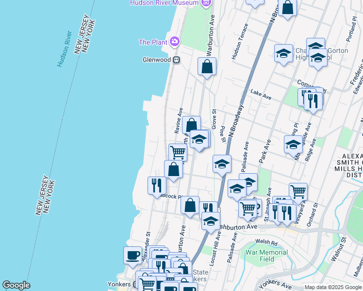 map of restaurants, bars, coffee shops, grocery stores, and more near 24 Gold Street in Yonkers