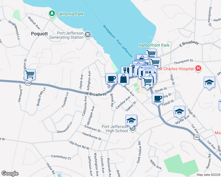 map of restaurants, bars, coffee shops, grocery stores, and more near 111 Beach Street in Port Jefferson