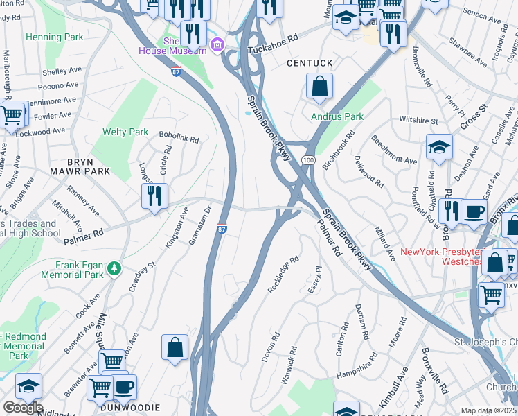 map of restaurants, bars, coffee shops, grocery stores, and more near 609 Palmer Road in Yonkers
