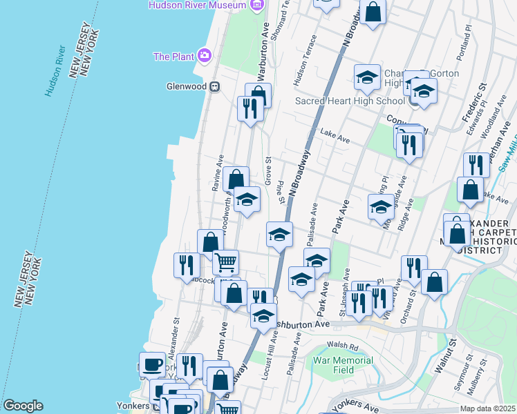 map of restaurants, bars, coffee shops, grocery stores, and more near Halcyon Place in Yonkers