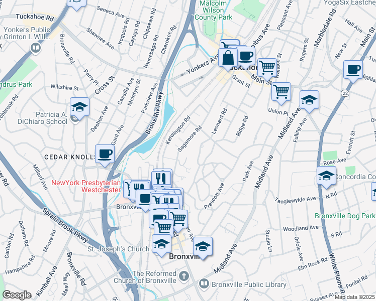 map of restaurants, bars, coffee shops, grocery stores, and more near 72 Sagamore Road in Bronxville