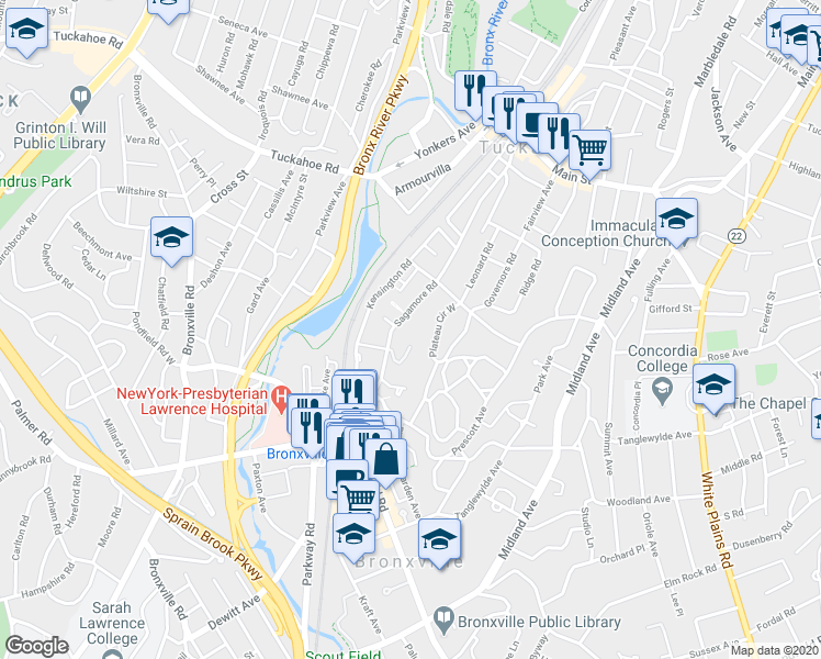 map of restaurants, bars, coffee shops, grocery stores, and more near 72 Sagamore Road in Bronxville