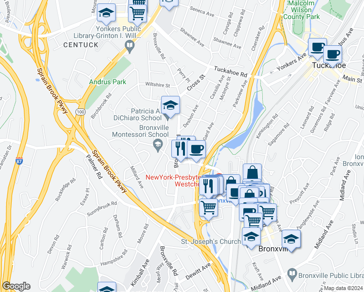 map of restaurants, bars, coffee shops, grocery stores, and more near 354 Bronxville Road in Yonkers