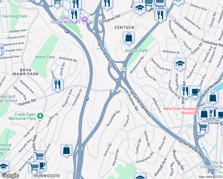 map of restaurants, bars, coffee shops, grocery stores, and more near in Yonkers