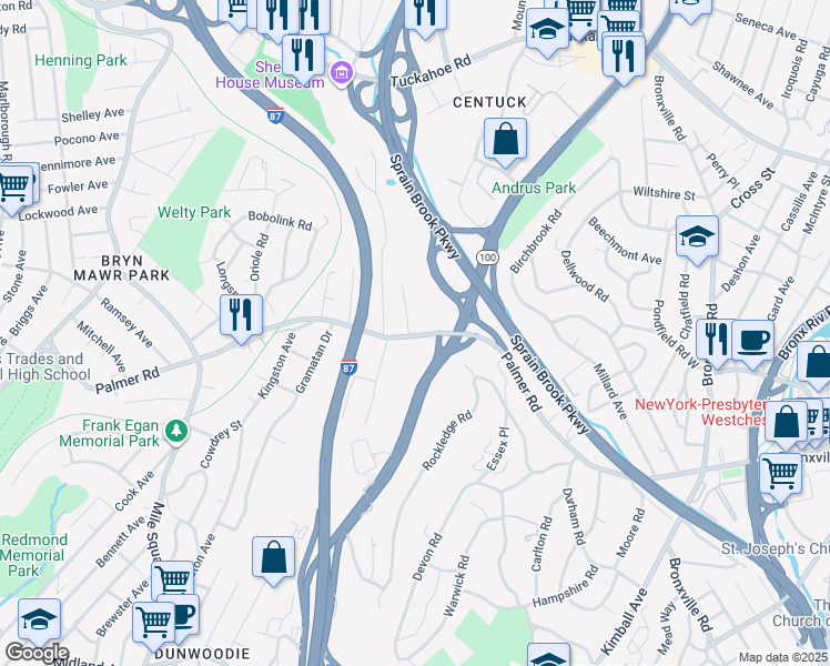 map of restaurants, bars, coffee shops, grocery stores, and more near 609 Palmer Road in Yonkers
